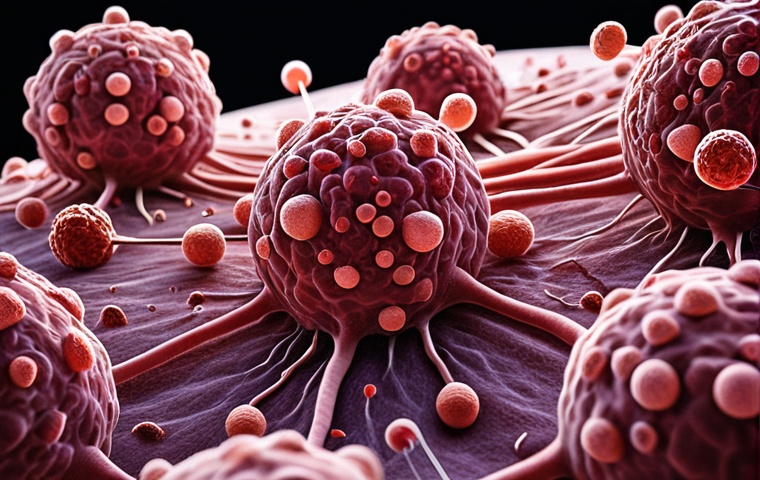**CAR T-cell Therapy:** A microscopic view of modified T-cells (CAR T-cells) attacking and destroying cancerous blood cells (leukemia or lymphoma). Focus on the interaction between the T-cells and cancer cells, highlighting the CAR receptor. Visual style: Scientific, detailed, possibly with glowing elements to represent cellular activity.